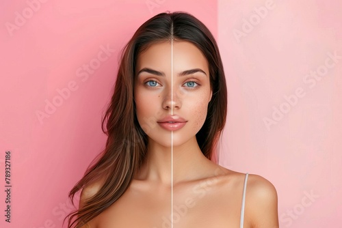 beautiful woman transformation skincare and beauty concept