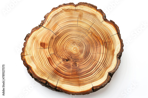 top view a wooden tree slice with visible rings isolated on white background. tree stump