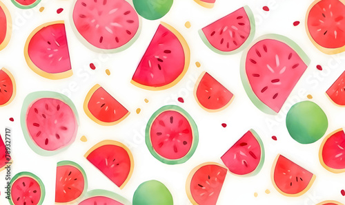 Seamless pattern with watermelon slices on white background. Vector illustration.