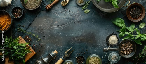 Top-down view of a cooking surface featuring herbs, spices, and kitchen tools, allowing for added text.
