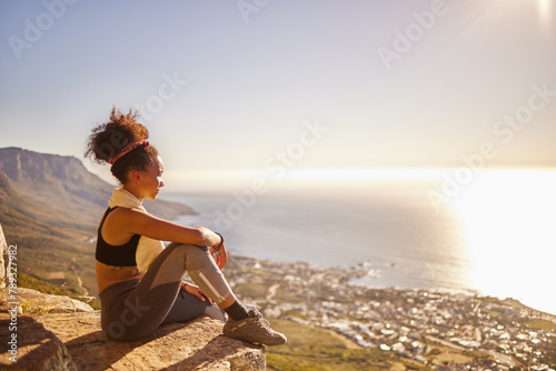 Relax, peace and black woman on mountain for workout, training or exercise for wellness, sport or health. Yoga, zen or gen z girl by nature, environment or outdoor with for fitness, vision or freedom