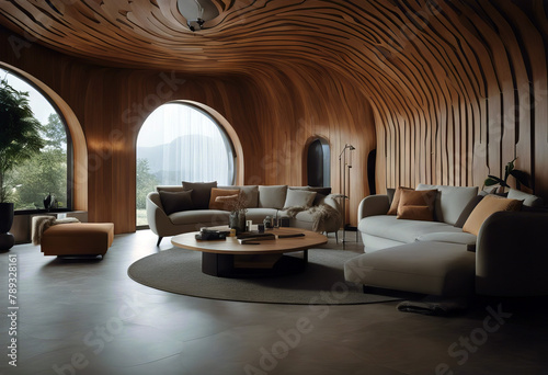 modern living wall abstract ceiling curved room interior lines design arched The wooden window furniture architecture home chair table house indoor sofa view hotel light luxury