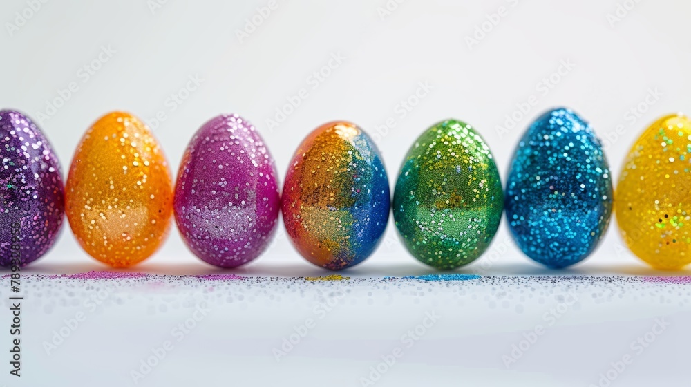 Colorful Easter eggs with glittering reflections lined up on a white surface Colorful Easter eggs with glittering reflections lined up on a white surface