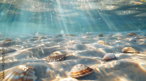 Sunlit Seabed Revealing Intricate Sandy Patterns and Colorful Seashells Underwater