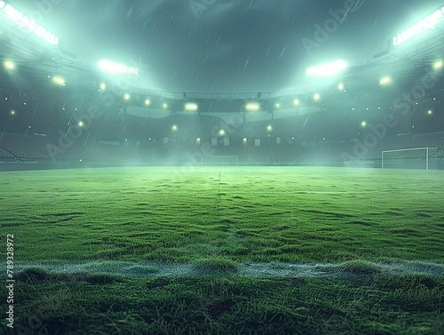 rainy empty football field with green grass in the stadium with burning floodlights © Svetlana