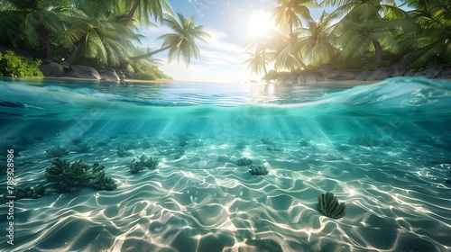 Sunlit Seabed Sanctuary A Tranquil Tropical Beach Oasis with Swaying Palms and Turquoise Waters