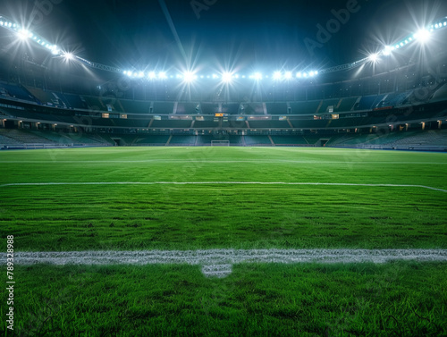 empty football field with green grass in a stadium with burning floodlights and empty stands