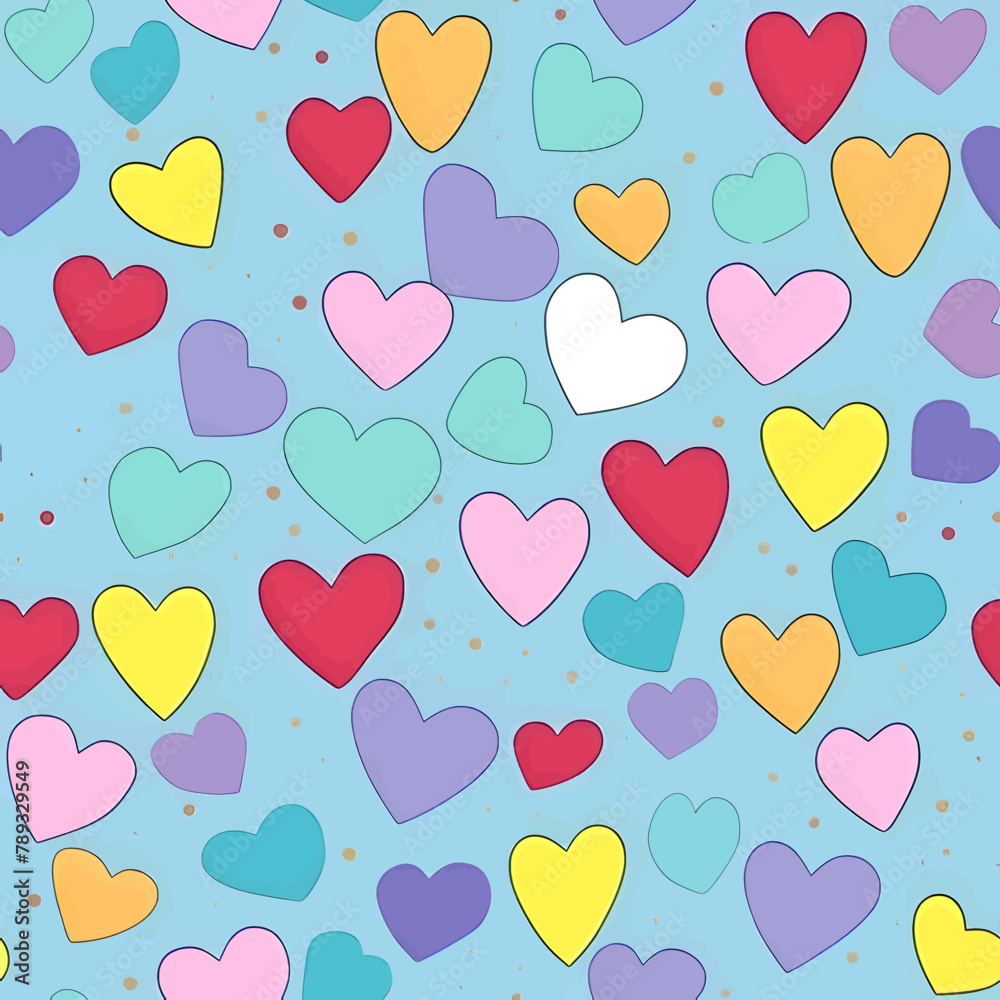 Seamless pattern with colorful hearts on blue background. Vector illustration.