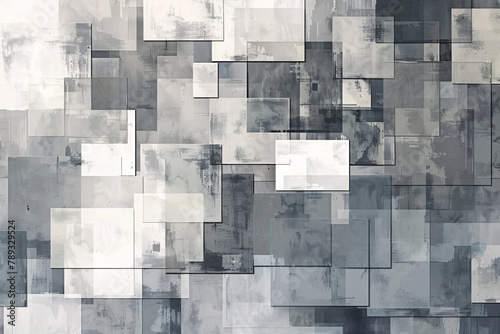 Abstract monochrome painting with overlapping squares and rectangles in shades of gray and white