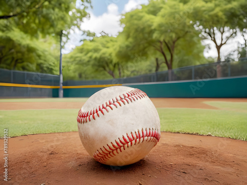 Close-up of a baseball on the ground and park background out of focus