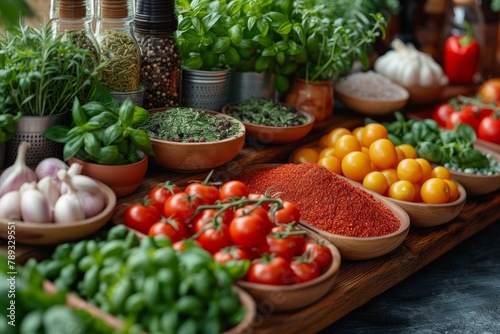 Cooking ingredients, colorful variety of spices, herbs and other ingredients. Fresh produce and spices