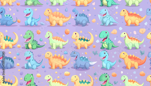 Seamless pattern with cute cartoon dinosaurs. Vector illustration for kids.