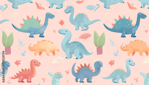 Seamless pattern with cute dinosaurs. Cute dinosaurs background.
