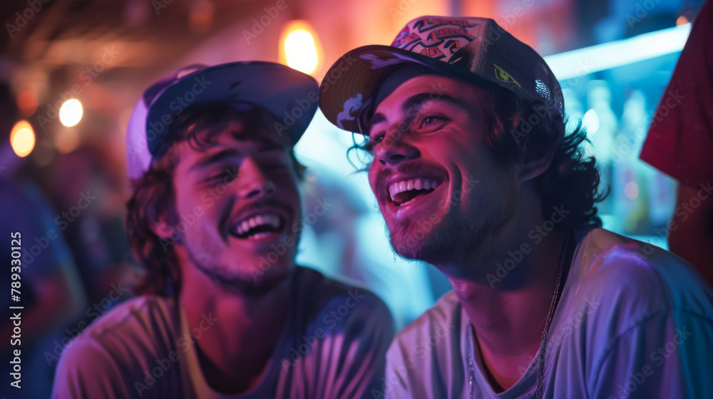 Obraz premium A smiling group of people are having fun at a night party. A group of friends kick back and relax at a discotheque in neon lighting. Fun and weekend concept.