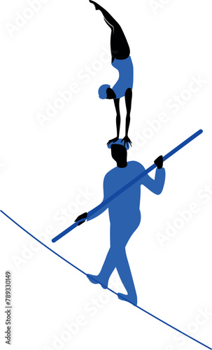 Silhouette of ropewalker on rope. Circus artists on a white background.
