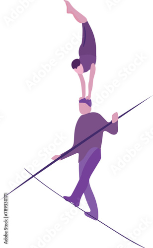 Silhouette of ropewalker on rope. Circus artists on a white background