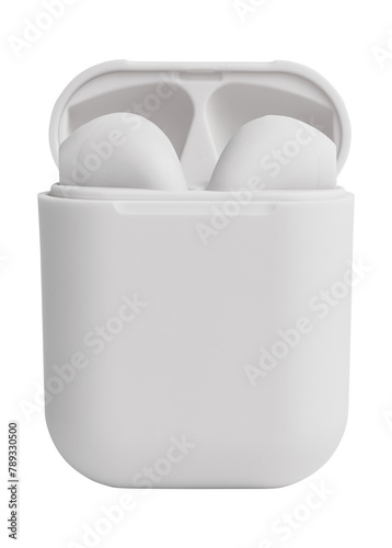 White wireless earbuds case mockup png digital earphones