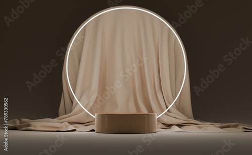 Cylinder podium with beige cloth on background. Neon light. Empty pedestal for product display. 3d rendering