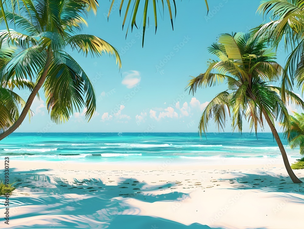 Tranquil Tropical Beach Landscape with Swaying Palm Trees and Turquoise Ocean Waters
