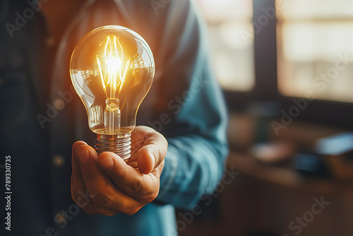 Hand business man holding light bulb with light line. Alternative energy, idea, saving electricity innovation and inspiration concepts.