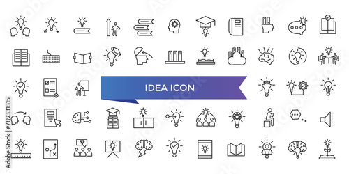 Idea icon collection. Creative idea, brainstorming, solution, thinking and innovation icons set. Lightbulb with brain symbol vector illustration.