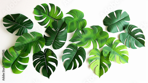 Set of Tropical natural green monstrea leaves, nature cut out photo