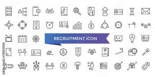 Recruitment icon collection. Headhunting, career, resume, job hiring, candidate and human resource icons. Line icon set.