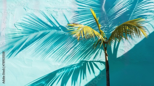 summer 3D background. summer minimal modern concept  bright blue background with palm tree and sunlight shadows. copy space