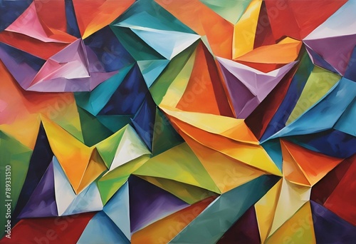 a painting of origami boats in colors of multicolors