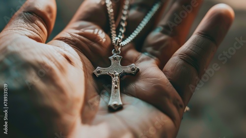 A priest's hand holds a Jesus Christ cross necklace photo
