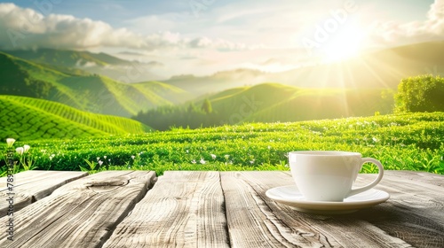Green tea cup on lush mountain tea plantation with ample space for text placement in serene scenery
