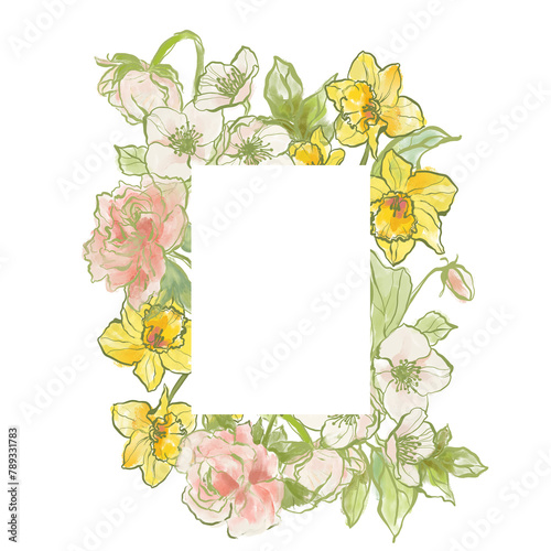 Oil painting abstract frame of narcissus, peony and jasmine. Hand painted floral composition isolated on white background. Illustration for design, print, fabric or background. (ID: 789331783)
