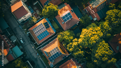 A city street with a row of houses and a few trees. The houses are all different sizes and have different roofs. The street is lined with trees and has a few cars parked along the side © jiraphat