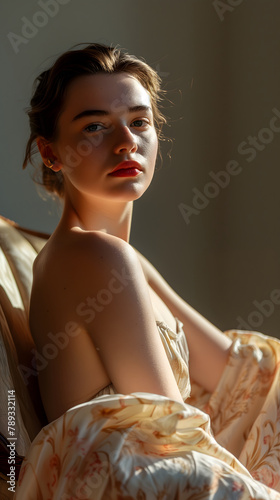 Contemplation in Sunlight: Elegant Woman with Dramatic Shadows - generative AI image