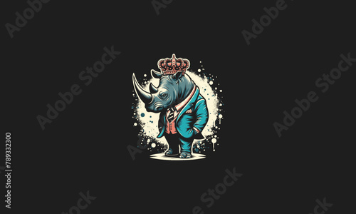 rhino wearing crown and suite vector mascot design