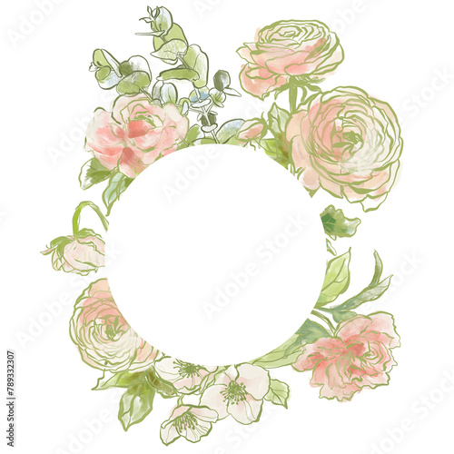 Oil painting abstract frame of ranunculus, rose, jasmine and eucalyptus. Hand painted floral composition isolated on white background. Illustration for design, print, fabric or background.