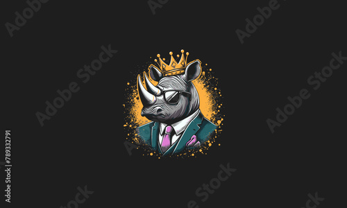 rhino wearing crown and suite vector mascot design