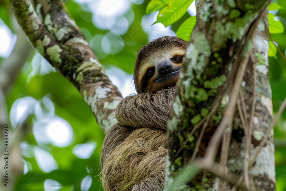 Funny sloth hanging on tree branch, cute face look, perfect portrait of wild animal in the rainforest scratching the belly, Bradypus variegatus, brown-throated three-toed sloth, relaxed Funny sloth hanging on tree branch, cute face look, perfect portrait of wild animal in the rainforest scratching the belly, Bradypus variegatus, brown-throated three-toed sloth, relaxed