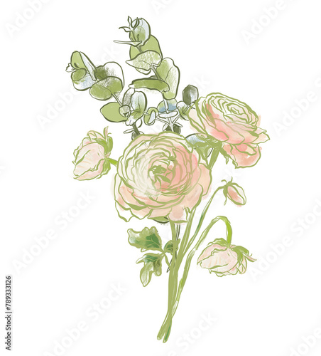 Oil painting abstract bouquet of ranunculus and eucalyptus. Hand painted floral composition isolated on white background. Holiday Illustration for design, print, fabric or background. (ID: 789333126)