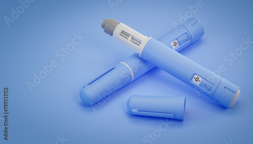 Two dosing pens of a fictitious Semaglutide drug used for weight loss (antidiabetic or anti-obesity medication) on a blue background.