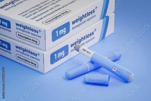 Two packages of a fictitious Semaglutide drug used for weight loss (antidiabetic or anti-obesity medication) on a blue transparent background. Fictitious package design. Two dosing pens in front.