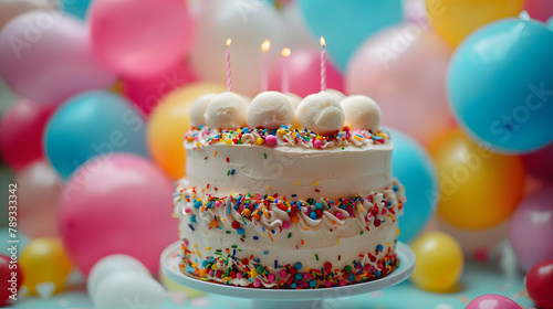 A decadent birthday cake, with colorful balloons as the background, during a joyous celebration
