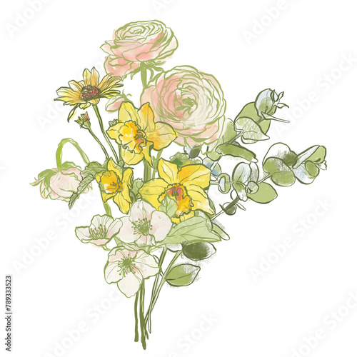 Oil painting abstract bouquet of ranunculus, narcissus, jasmine and eucalyptus. Hand painted floral composition isolated on white background. Holiday Illustration for design, print or background. (ID: 789333523)