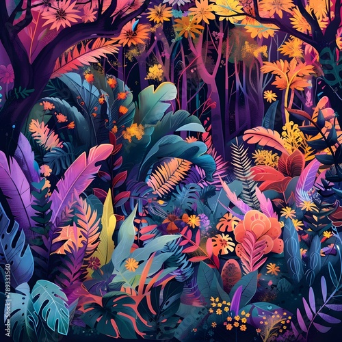 Vibrant Tropical Fantasy Forest with Lush Foliage and Blooming Flowers