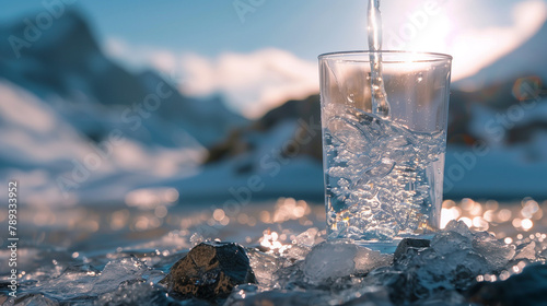 Crystal Clear Water Glass in a Sunny Snowy Mountain Landscape