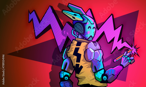 Happy robot with bunny ears drawing a lightning shaped graffiti