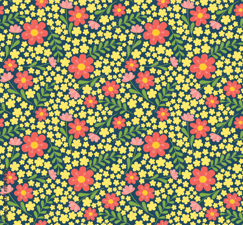 Seamless colorful pattern with cute flowers and leaves. Vector cartoon backdrop in flat style Seamless colorful pattern with cute flowers and leaves. Vector cartoon backdrop in flat style