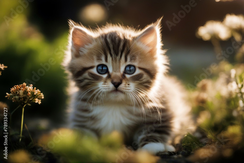 playing garden kitten expression little yellow pretty pet summer walk relax baby fur meadow domestic striped cat felino funny fresh green spring nature light