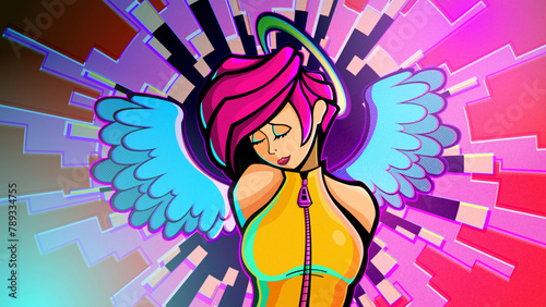 Beautiful angel woman with wings looking down shyly