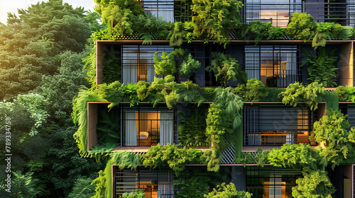 A building with many windows and green plants growing out of them. The building is very tall and has a lot of greenery